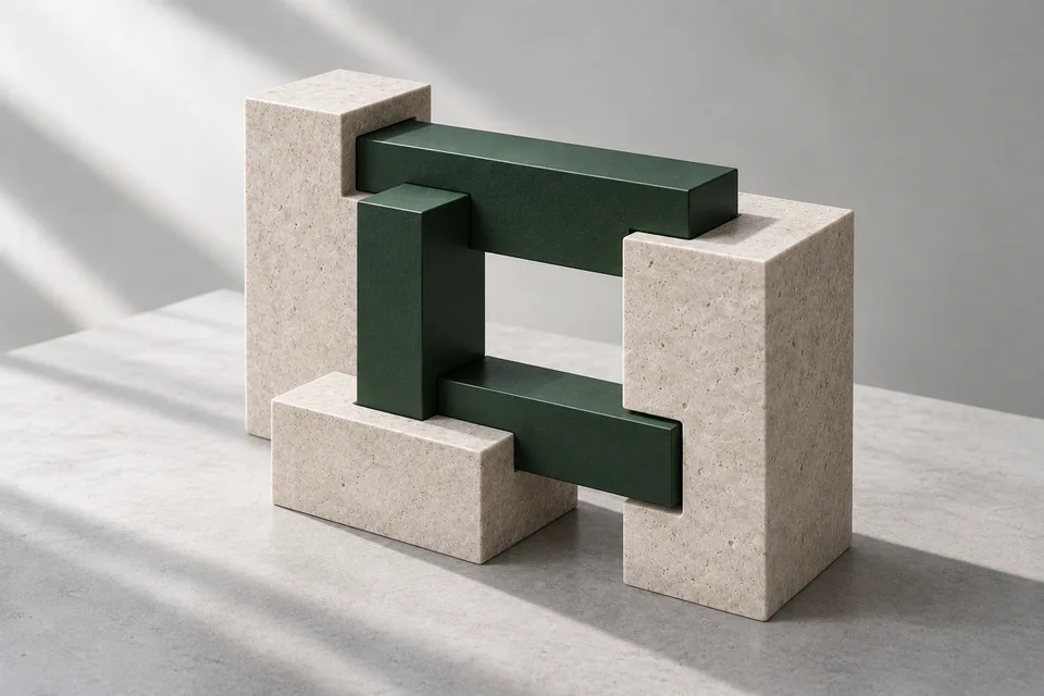 Precisely joined stone and forest-green modules, representing interconnected business systems.